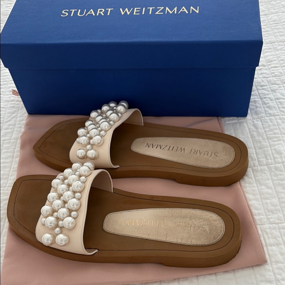 Stuart Weitzman Goldie Pearl Embellished Slides in Cream